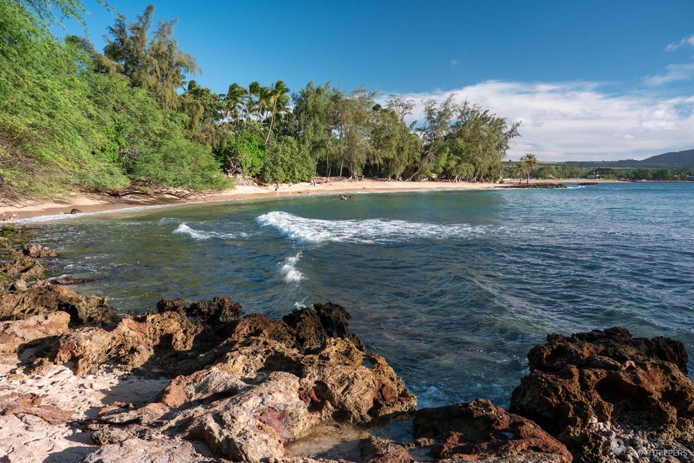 Vue sur la baie et la plage depuis la zone rocheuse