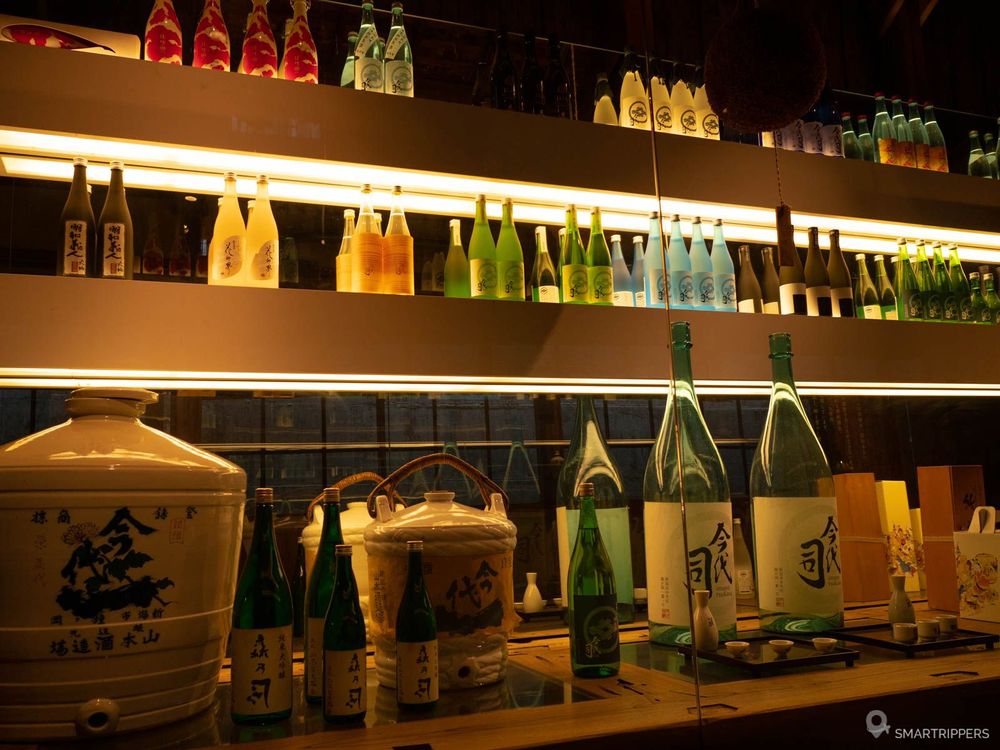 Coloured sake bottles with Imayo Tsukasa.