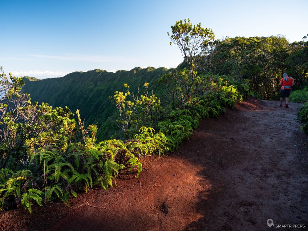 Le long du Pihea Trail lorsque le soleil se lève derrière les ridges.