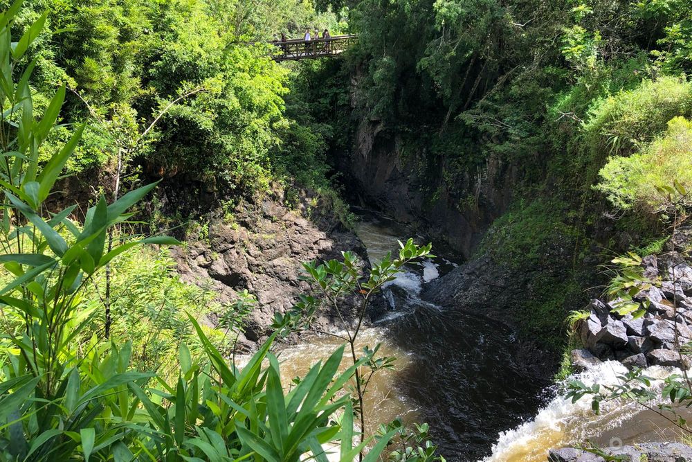 La première passerelle vue depuis la seconde, en surplombant les chutes.