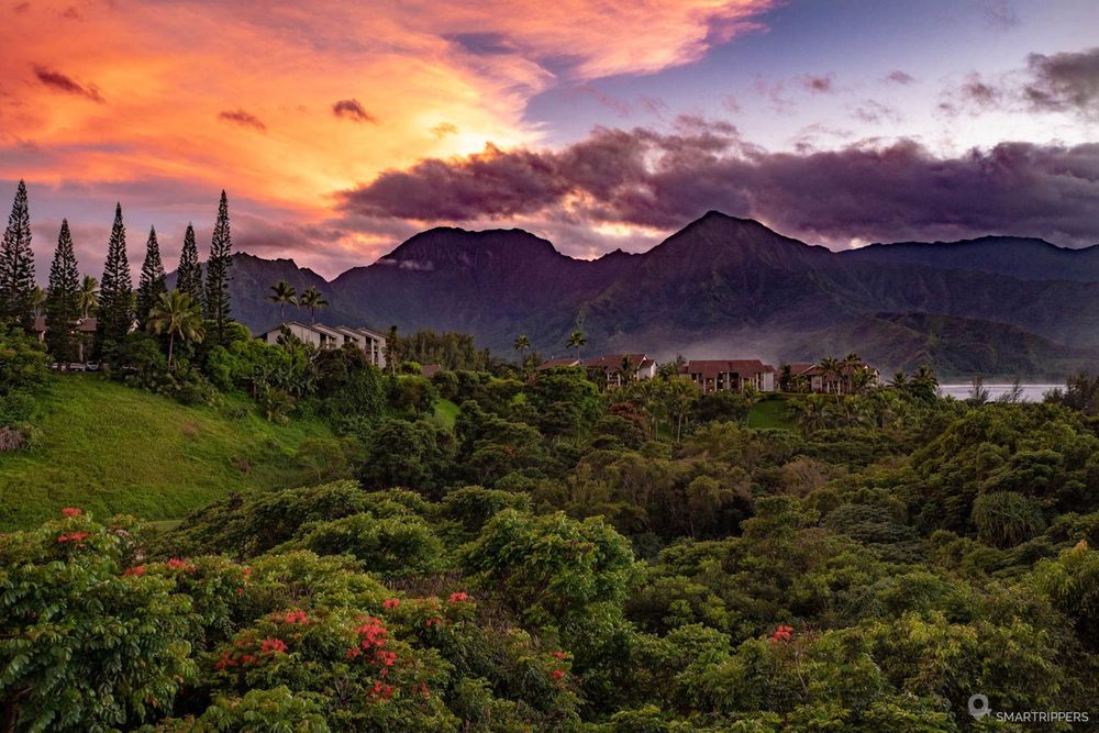 Coucher de soleil photographié depuis notre villa sur les hauteurs de Princeville.