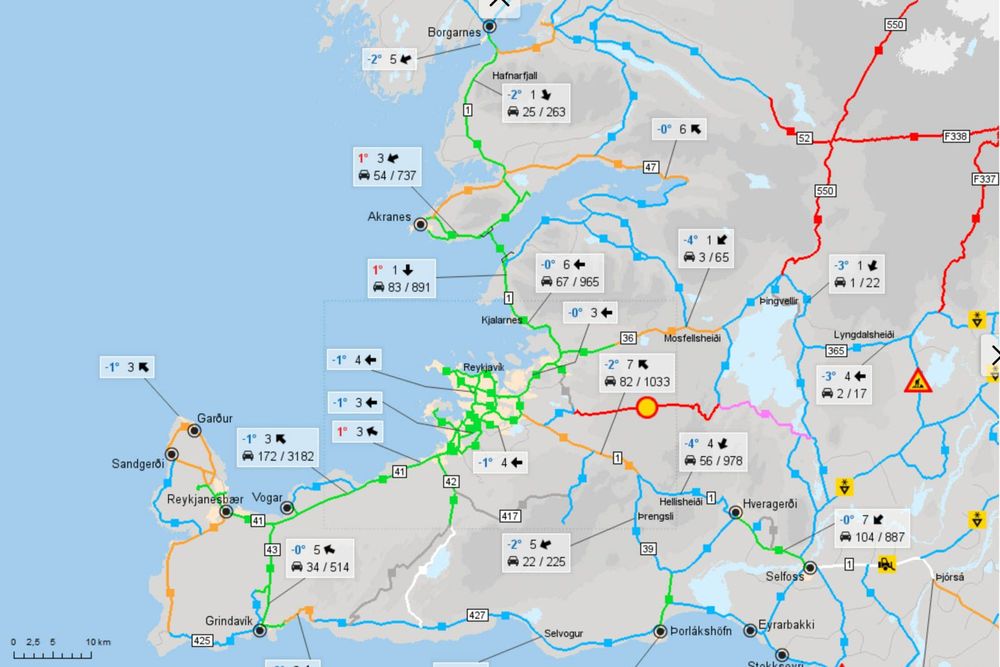 Map of traffic conditions in Iceland