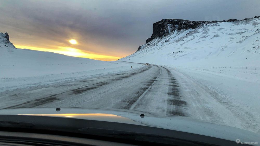 The icy road n°1 passing the small pass before arriving at Vik.
